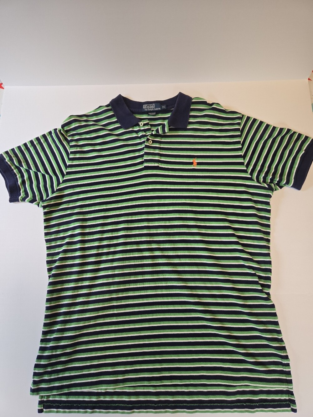 Vintage Polo Green & Navy w/ Orange Logo Striped Men's XL Polo Shirt